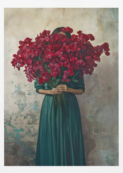 A fine art portrait of a woman in a long, dark green dress holding a massive bouquet of vibrant red flowers that completely hides her face, standing against a textured, rustic wall. Wall Art