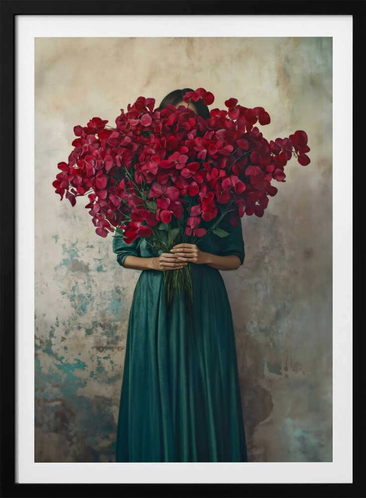 A fine art portrait of a woman in a long, dark green dress holding a massive bouquet of vibrant red flowers that completely hides her face, standing against a textured, rustic wall. Wall Art