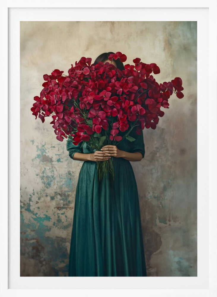 A fine art portrait of a woman in a long, dark green dress holding a massive bouquet of vibrant red flowers that completely hides her face, standing against a textured, rustic wall. Wall Art