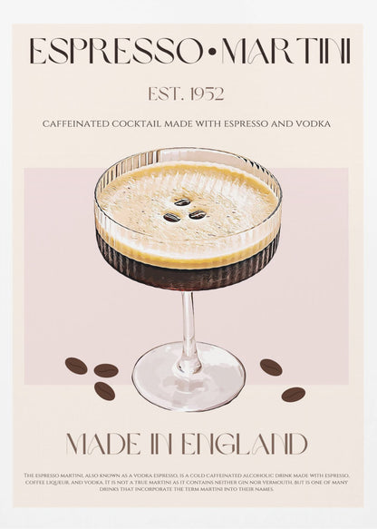 A vintage-style art print poster for an Espresso Martini. It features a detailed illustration of the cocktail in a ribbed coupe glass, garnished with three coffee beans on its foam. The background is beige and pink, with text that reads 'ESPRESSO MARTINI', 'EST. 1952', 'MADE IN ENGLAND', and a description of the drink. The poster has a thin black border. Decor