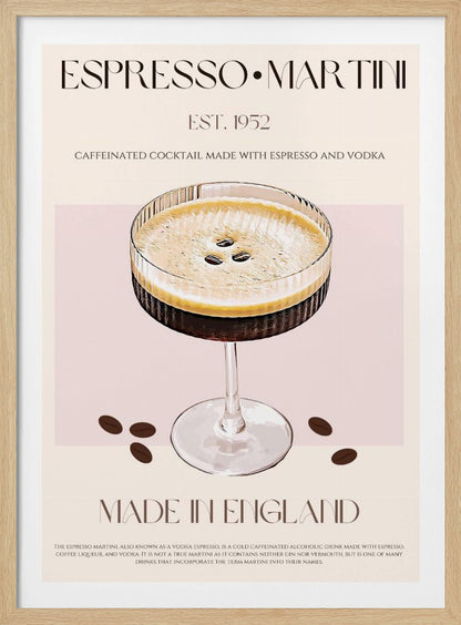 A vintage-style art print poster for an Espresso Martini. It features a detailed illustration of the cocktail in a ribbed coupe glass, garnished with three coffee beans on its foam. The background is beige and pink, with text that reads 'ESPRESSO MARTINI', 'EST. 1952', 'MADE IN ENGLAND', and a description of the drink. The poster has a thin black border. Decor