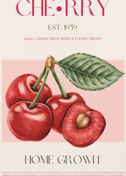 A vintage-style botanical poster of cherries with a black frame. The poster features a detailed illustration of four red cherries on a pink background. Above the illustration, the word 'CHERRY' is printed in large magenta letters, with 'EST. 1959' below it. At the bottom, it says 'HOME GROWN' in green, followed by a descriptive paragraph about cherries on a cream background. Poster