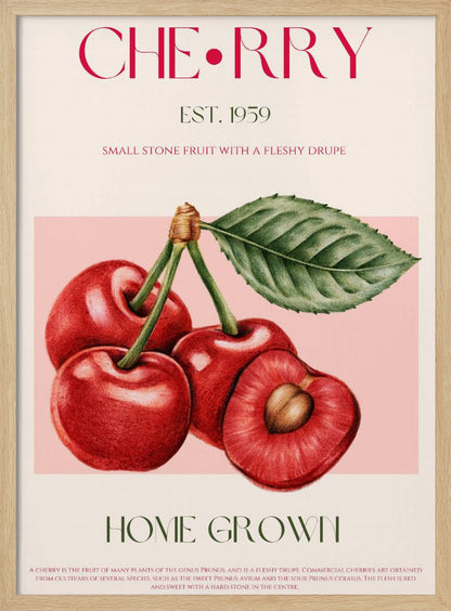 A vintage-style botanical poster of cherries with a black frame. The poster features a detailed illustration of four red cherries on a pink background. Above the illustration, the word 'CHERRY' is printed in large magenta letters, with 'EST. 1959' below it. At the bottom, it says 'HOME GROWN' in green, followed by a descriptive paragraph about cherries on a cream background. Poster
