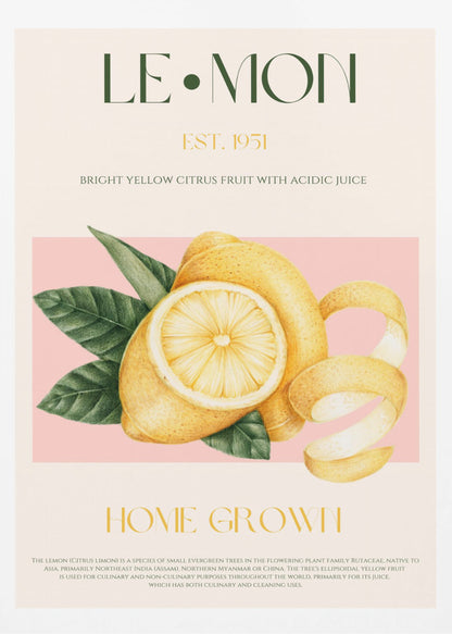 A vintage-style poster about lemons featuring a detailed illustration of a whole and sliced lemon with leaves against a pink background. The poster has text elements like 'LE•MON', 'EST. 1951', and 'HOME GROWN' in a classic font. Print