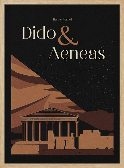 A minimalist poster for Henry Purcell's opera 'Dido & Aeneas'. Against a black, starry night sky, the title is written in elegant cream and brown fonts. The lower portion illustrates an ancient classical temple and ruins in various shades of brown, with two small silhouetted figures standing nearby. Print
