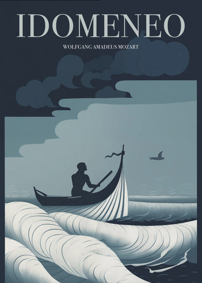 A minimalist poster for Wolfgang Amadeus Mozart's opera 'Idomeneo', featuring a silhouetted figure in a small boat navigating large, stylized waves under a dark, cloudy sky. The color palette is composed of shades of blue, white, and black. Print