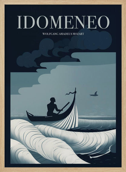 A minimalist poster for Wolfgang Amadeus Mozart's opera 'Idomeneo', featuring a silhouetted figure in a small boat navigating large, stylized waves under a dark, cloudy sky. The color palette is composed of shades of blue, white, and black. Print