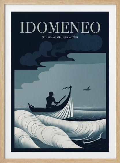 A minimalist poster for Wolfgang Amadeus Mozart's opera 'Idomeneo', featuring a silhouetted figure in a small boat navigating large, stylized waves under a dark, cloudy sky. The color palette is composed of shades of blue, white, and black. Print