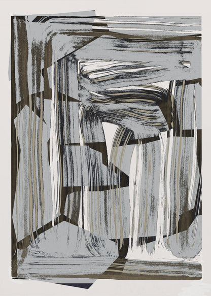 An abstract artwork in a black frame, featuring a dynamic collage of layered shapes and energetic brushstrokes in a neutral palette of gray, black, beige, and white. Artwork