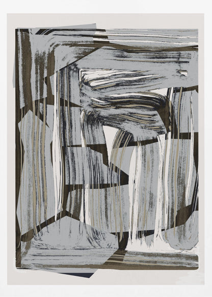 An abstract artwork in a black frame, featuring a dynamic collage of layered shapes and energetic brushstrokes in a neutral palette of gray, black, beige, and white. Artwork