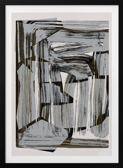 An abstract artwork in a black frame, featuring a dynamic collage of layered shapes and energetic brushstrokes in a neutral palette of gray, black, beige, and white. Artwork