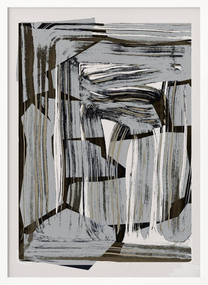 An abstract artwork in a black frame, featuring a dynamic collage of layered shapes and energetic brushstrokes in a neutral palette of gray, black, beige, and white. Artwork