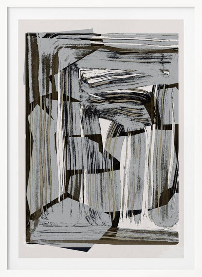 An abstract artwork in a black frame, featuring a dynamic collage of layered shapes and energetic brushstrokes in a neutral palette of gray, black, beige, and white. Artwork