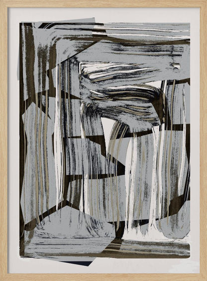 An abstract artwork in a black frame, featuring a dynamic collage of layered shapes and energetic brushstrokes in a neutral palette of gray, black, beige, and white. Artwork