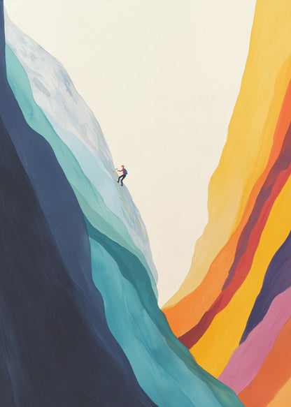 A minimalist illustration of a lone climber scaling a massive, colorful mountain. The left side of the mountain is made of flowing bands of cool blues and whites, while the right canyon wall is composed of warm, vibrant stripes of yellow, orange, red, and purple against an off-white sky. Artwork
