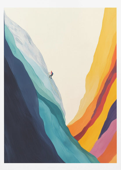 A minimalist illustration of a lone climber scaling a massive, colorful mountain. The left side of the mountain is made of flowing bands of cool blues and whites, while the right canyon wall is composed of warm, vibrant stripes of yellow, orange, red, and purple against an off-white sky. Artwork