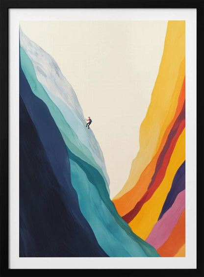 A minimalist illustration of a lone climber scaling a massive, colorful mountain. The left side of the mountain is made of flowing bands of cool blues and whites, while the right canyon wall is composed of warm, vibrant stripes of yellow, orange, red, and purple against an off-white sky. Artwork