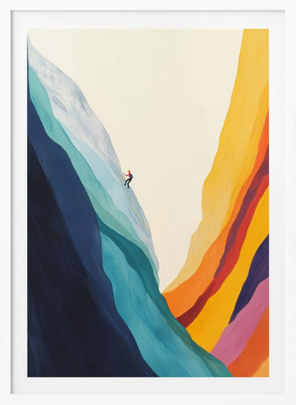 A minimalist illustration of a lone climber scaling a massive, colorful mountain. The left side of the mountain is made of flowing bands of cool blues and whites, while the right canyon wall is composed of warm, vibrant stripes of yellow, orange, red, and purple against an off-white sky. Artwork