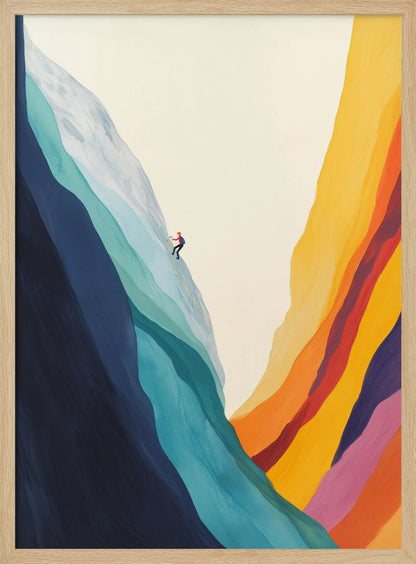 A minimalist illustration of a lone climber scaling a massive, colorful mountain. The left side of the mountain is made of flowing bands of cool blues and whites, while the right canyon wall is composed of warm, vibrant stripes of yellow, orange, red, and purple against an off-white sky. Artwork