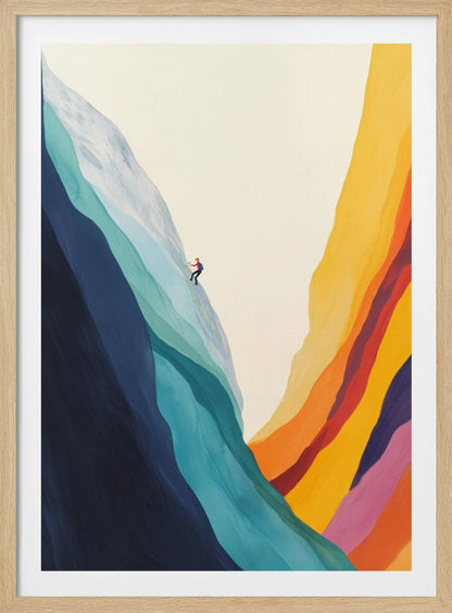 A minimalist illustration of a lone climber scaling a massive, colorful mountain. The left side of the mountain is made of flowing bands of cool blues and whites, while the right canyon wall is composed of warm, vibrant stripes of yellow, orange, red, and purple against an off-white sky. Artwork