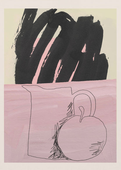 An abstract still life artwork with a split background. The bottom half is a textured pink, featuring a simple black line drawing of a pitcher and a round fruit. The top half is a cream color, dominated by a large, expressive black brushstroke with pink accents showing through. The piece is framed in black. Artwork