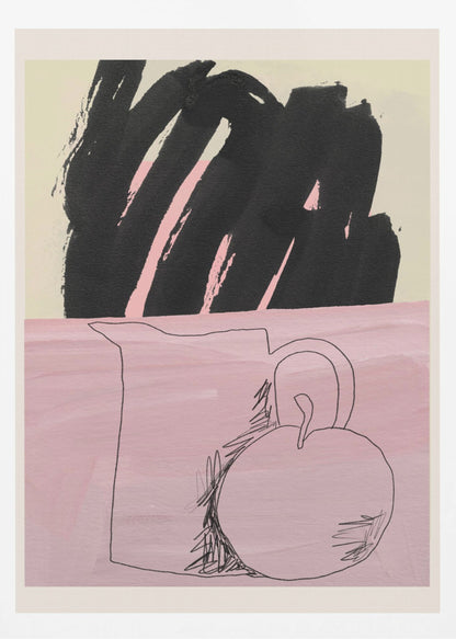 An abstract still life artwork with a split background. The bottom half is a textured pink, featuring a simple black line drawing of a pitcher and a round fruit. The top half is a cream color, dominated by a large, expressive black brushstroke with pink accents showing through. The piece is framed in black. Artwork