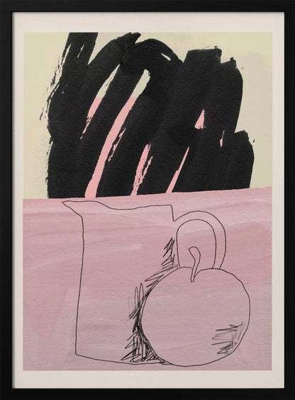 An abstract still life artwork with a split background. The bottom half is a textured pink, featuring a simple black line drawing of a pitcher and a round fruit. The top half is a cream color, dominated by a large, expressive black brushstroke with pink accents showing through. The piece is framed in black. Artwork