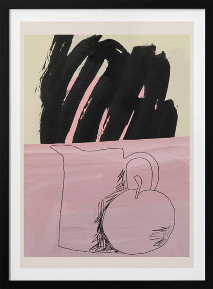 An abstract still life artwork with a split background. The bottom half is a textured pink, featuring a simple black line drawing of a pitcher and a round fruit. The top half is a cream color, dominated by a large, expressive black brushstroke with pink accents showing through. The piece is framed in black. Artwork