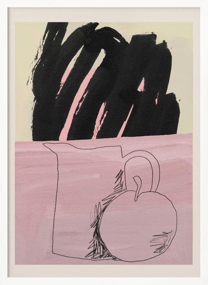 An abstract still life artwork with a split background. The bottom half is a textured pink, featuring a simple black line drawing of a pitcher and a round fruit. The top half is a cream color, dominated by a large, expressive black brushstroke with pink accents showing through. The piece is framed in black. Artwork