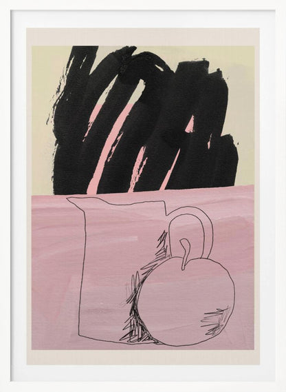 An abstract still life artwork with a split background. The bottom half is a textured pink, featuring a simple black line drawing of a pitcher and a round fruit. The top half is a cream color, dominated by a large, expressive black brushstroke with pink accents showing through. The piece is framed in black. Artwork