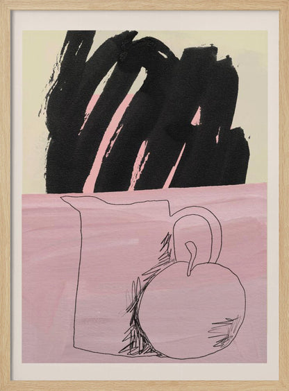 An abstract still life artwork with a split background. The bottom half is a textured pink, featuring a simple black line drawing of a pitcher and a round fruit. The top half is a cream color, dominated by a large, expressive black brushstroke with pink accents showing through. The piece is framed in black. Artwork