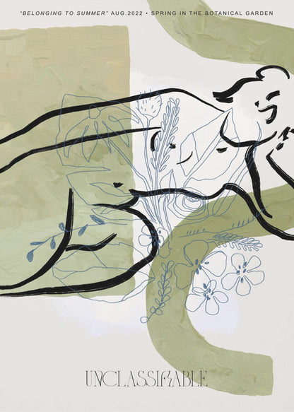 An abstract art print in a black frame, featuring sage green painted shapes on an off-white background. Overlaid are two distinct styles of drawing: a bold, black ink line suggesting a reclining figure, and delicate, blue-gray line art of various flowers and leaves. Text at the top reads 'BELONGING TO SUMMER' and 'SPRING IN THE BOTANICAL GARDEN', and the word 'UNCLASSIFIABLE' is at the bottom. Poster