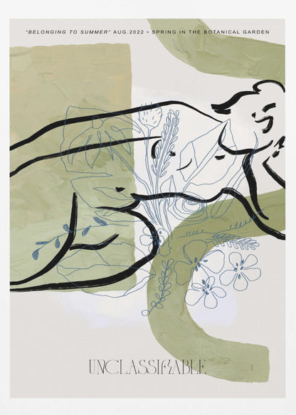 An abstract art print in a black frame, featuring sage green painted shapes on an off-white background. Overlaid are two distinct styles of drawing: a bold, black ink line suggesting a reclining figure, and delicate, blue-gray line art of various flowers and leaves. Text at the top reads 'BELONGING TO SUMMER' and 'SPRING IN THE BOTANICAL GARDEN', and the word 'UNCLASSIFIABLE' is at the bottom. Poster