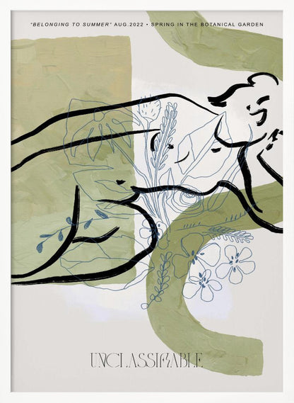 An abstract art print in a black frame, featuring sage green painted shapes on an off-white background. Overlaid are two distinct styles of drawing: a bold, black ink line suggesting a reclining figure, and delicate, blue-gray line art of various flowers and leaves. Text at the top reads 'BELONGING TO SUMMER' and 'SPRING IN THE BOTANICAL GARDEN', and the word 'UNCLASSIFIABLE' is at the bottom. Poster