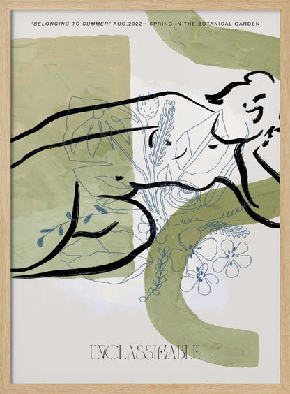 An abstract art print in a black frame, featuring sage green painted shapes on an off-white background. Overlaid are two distinct styles of drawing: a bold, black ink line suggesting a reclining figure, and delicate, blue-gray line art of various flowers and leaves. Text at the top reads 'BELONGING TO SUMMER' and 'SPRING IN THE BOTANICAL GARDEN', and the word 'UNCLASSIFIABLE' is at the bottom. Poster