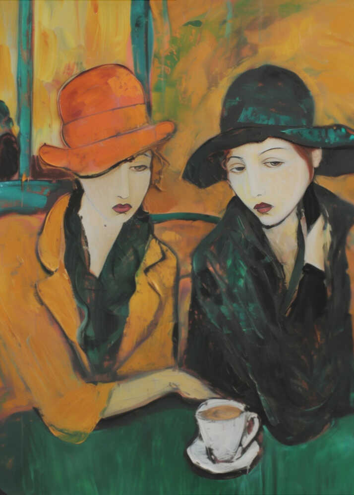 An expressionist-style painting of two women sitting at a green table in a cafe. The woman on the left wears a bright orange hat and a yellow coat, while the woman on the right wears a dark green hat and coat. A single white cup of coffee sits on the table. Poster
