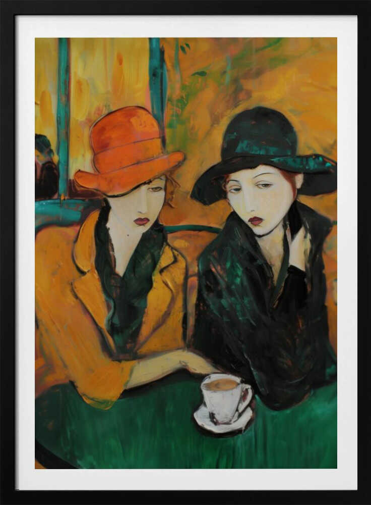 An expressionist-style painting of two women sitting at a green table in a cafe. The woman on the left wears a bright orange hat and a yellow coat, while the woman on the right wears a dark green hat and coat. A single white cup of coffee sits on the table. Poster