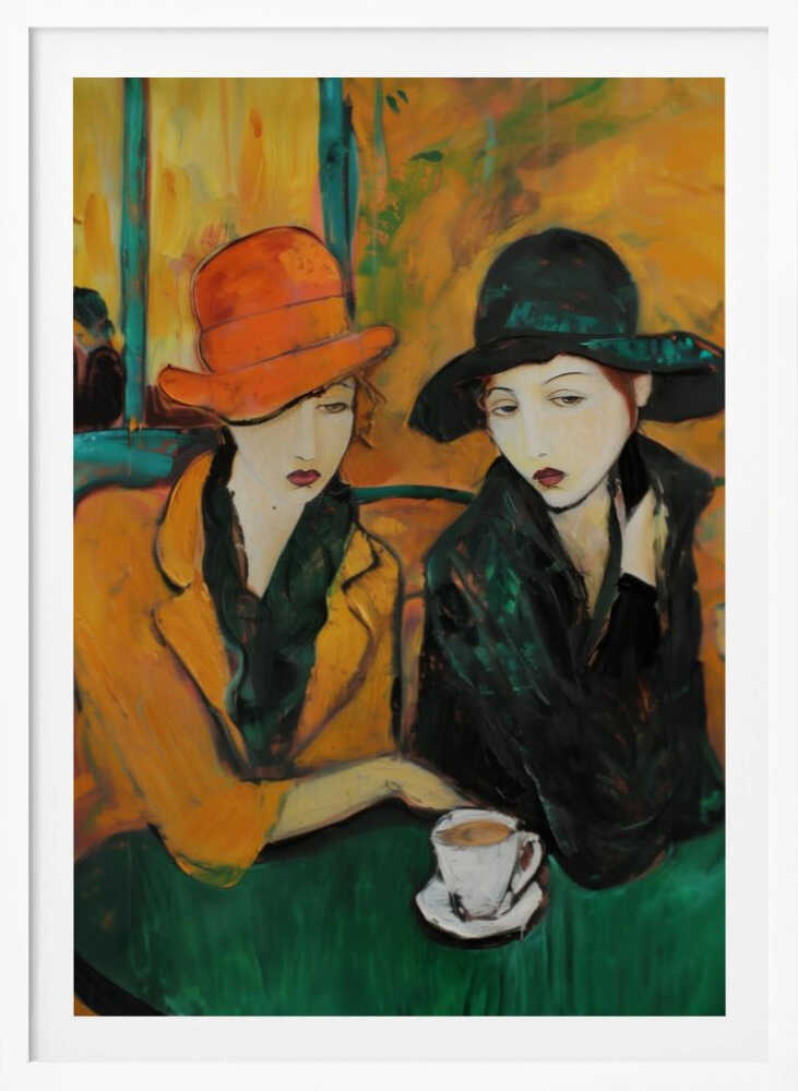 An expressionist-style painting of two women sitting at a green table in a cafe. The woman on the left wears a bright orange hat and a yellow coat, while the woman on the right wears a dark green hat and coat. A single white cup of coffee sits on the table. Poster