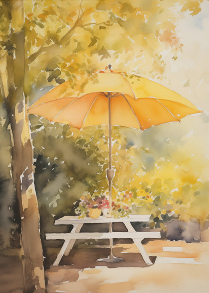 A soft watercolor painting of a sunny autumn scene, featuring a bright yellow-orange umbrella shading a white picnic table under a tree with golden leaves. Artwork