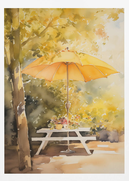 A soft watercolor painting of a sunny autumn scene, featuring a bright yellow-orange umbrella shading a white picnic table under a tree with golden leaves. Artwork
