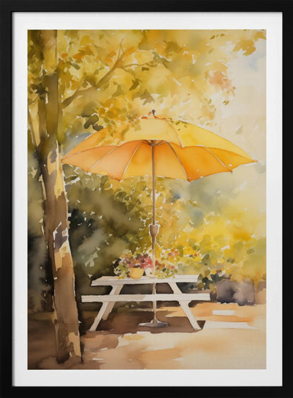 A soft watercolor painting of a sunny autumn scene, featuring a bright yellow-orange umbrella shading a white picnic table under a tree with golden leaves. Artwork
