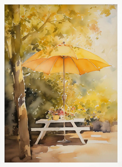 A soft watercolor painting of a sunny autumn scene, featuring a bright yellow-orange umbrella shading a white picnic table under a tree with golden leaves. Artwork
