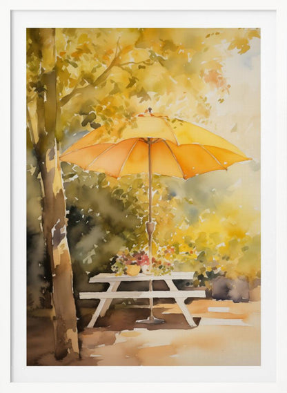 A soft watercolor painting of a sunny autumn scene, featuring a bright yellow-orange umbrella shading a white picnic table under a tree with golden leaves. Artwork
