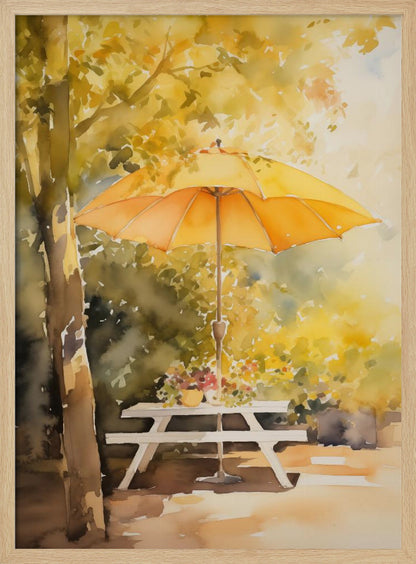 A soft watercolor painting of a sunny autumn scene, featuring a bright yellow-orange umbrella shading a white picnic table under a tree with golden leaves. Artwork