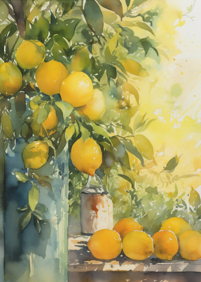A vibrant watercolor painting of a lemon tree, with ripe yellow lemons nestled among lush green leaves. Some branches are arranged in a tall blue-green vase, while a cluster of freshly picked lemons rests on a wooden table. The background is a bright, sunny yellow, suggesting a warm, sunny day. Artwork