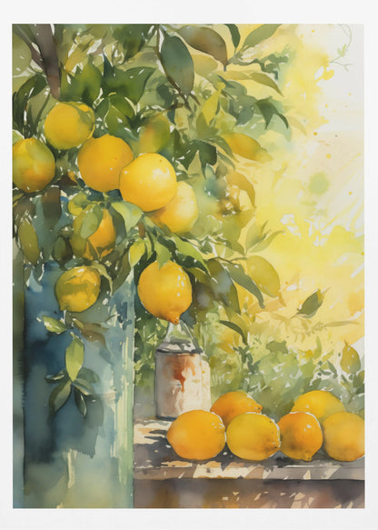 A vibrant watercolor painting of a lemon tree, with ripe yellow lemons nestled among lush green leaves. Some branches are arranged in a tall blue-green vase, while a cluster of freshly picked lemons rests on a wooden table. The background is a bright, sunny yellow, suggesting a warm, sunny day. Artwork