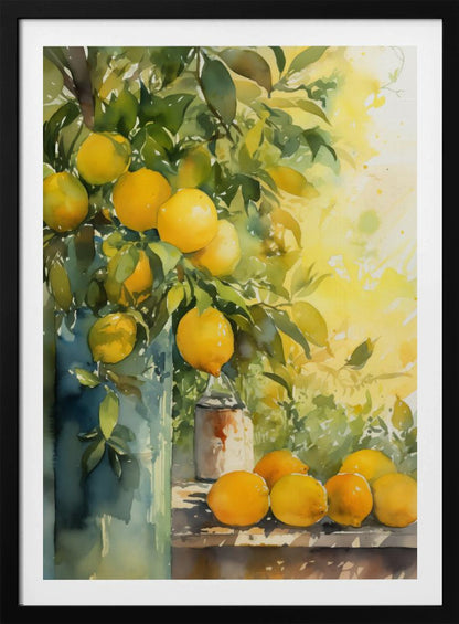 A vibrant watercolor painting of a lemon tree, with ripe yellow lemons nestled among lush green leaves. Some branches are arranged in a tall blue-green vase, while a cluster of freshly picked lemons rests on a wooden table. The background is a bright, sunny yellow, suggesting a warm, sunny day. Artwork