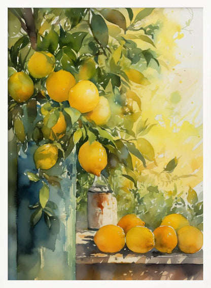 A vibrant watercolor painting of a lemon tree, with ripe yellow lemons nestled among lush green leaves. Some branches are arranged in a tall blue-green vase, while a cluster of freshly picked lemons rests on a wooden table. The background is a bright, sunny yellow, suggesting a warm, sunny day. Artwork