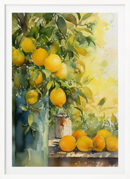 A vibrant watercolor painting of a lemon tree, with ripe yellow lemons nestled among lush green leaves. Some branches are arranged in a tall blue-green vase, while a cluster of freshly picked lemons rests on a wooden table. The background is a bright, sunny yellow, suggesting a warm, sunny day. Artwork