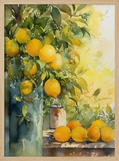 A vibrant watercolor painting of a lemon tree, with ripe yellow lemons nestled among lush green leaves. Some branches are arranged in a tall blue-green vase, while a cluster of freshly picked lemons rests on a wooden table. The background is a bright, sunny yellow, suggesting a warm, sunny day. Artwork